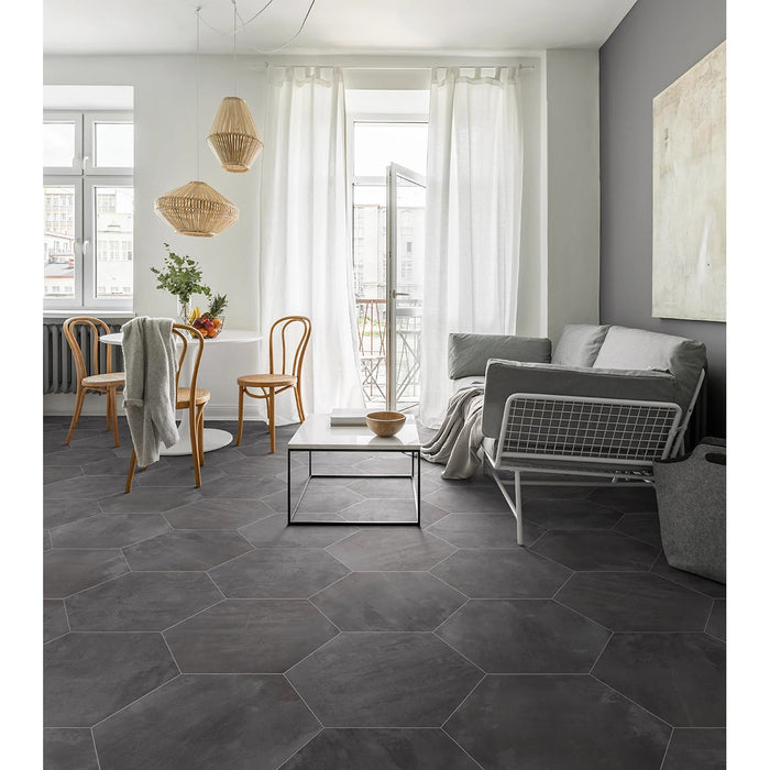 Arizona Tile - Icon Series 20" x 24" Color Body Porcelain Hexagon Tile - Black Room scene