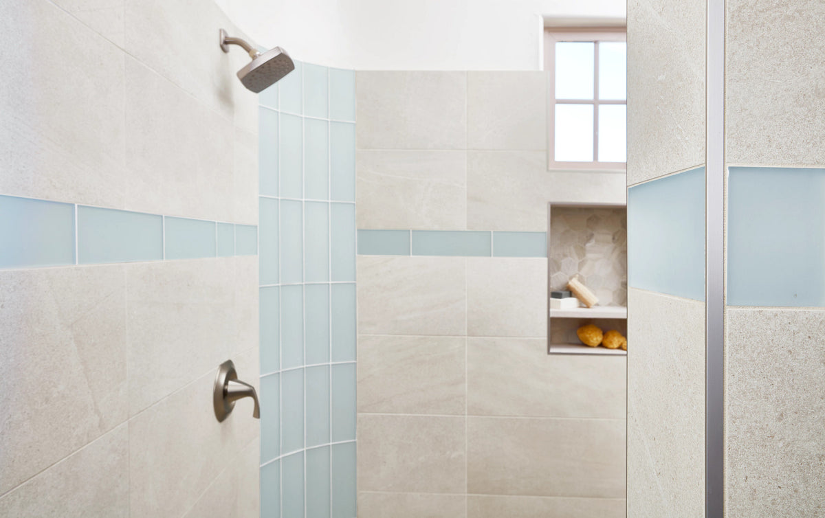 Arizona Tile - Islandia Series 4&quot; x 12&quot; Glass Wall Tile - Barbados Matte Shower Install