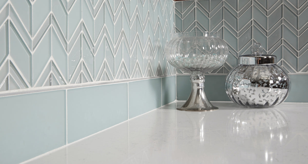 Arizona Tile - Islandia Series - Glass Chevron Mesh Mosaic - Barbados Wall Install