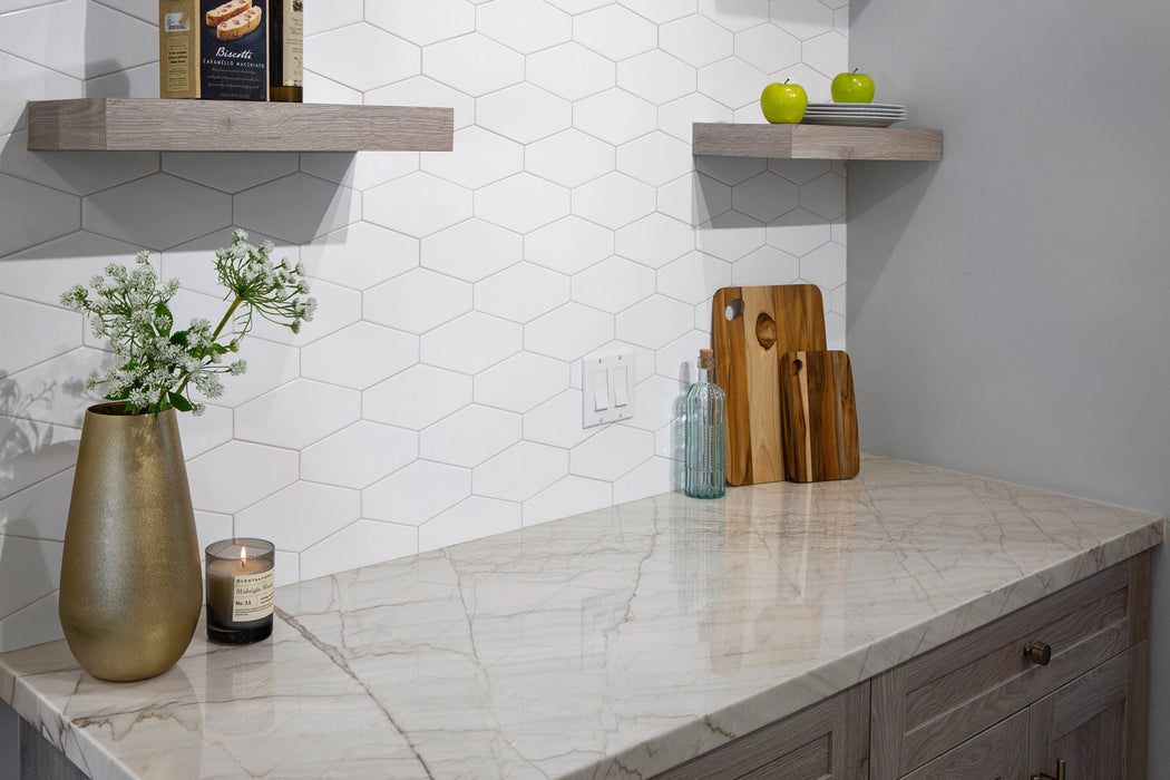 Arizona Tile - Paloma 4" x 8" Long Hex - Cotton Glossy Backsplash 