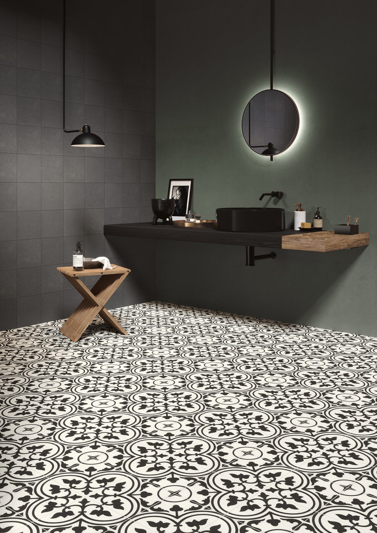 Arizona Tile - Reverie 8&quot; x 8&quot; Glazed Porcelain Tile - Reverie Noir Wall Install