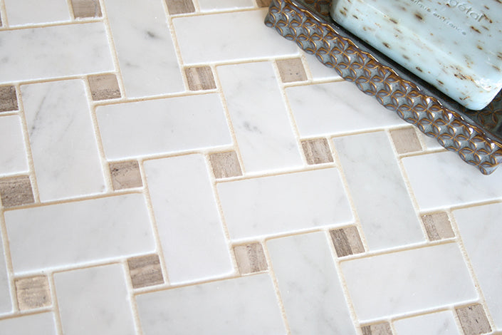 Maniscalco - Daintree Exotic Mosaics Series - Marble Herringbone Mosaic - Bianco Carrara and Graystone floor installation