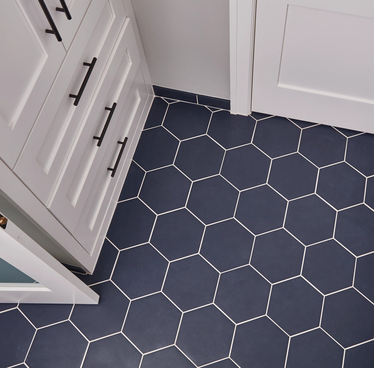 Arizona Tile - Paros Series 8.5&quot; x 10&quot; Rectified Color Body Porcelain Hexagon Tile - Navy Floor Install