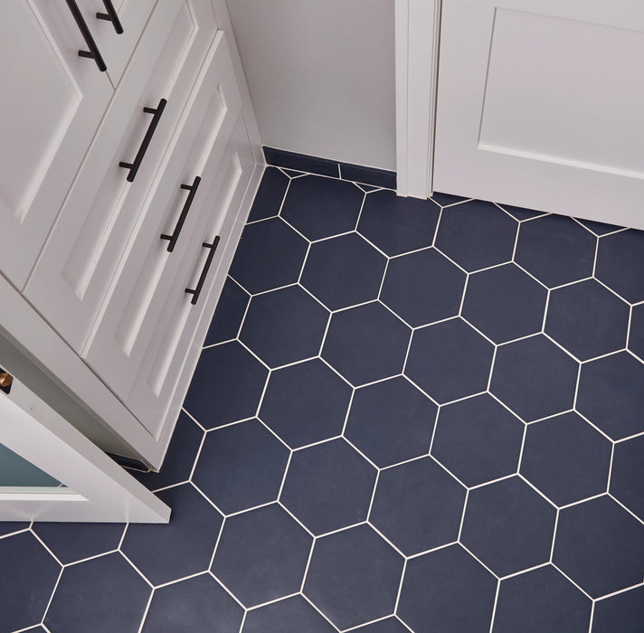 Arizona Tile - Paros Series 8.5" x 10" Rectified Color Body Porcelain Hexagon Tile - Navy Floor Install