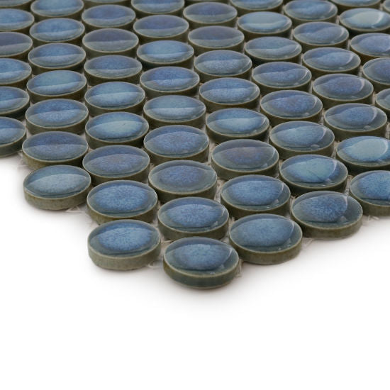 Bedrosians - 360 3/4&quot; Penny Round Gloss Mosaic - Lagoon Close View