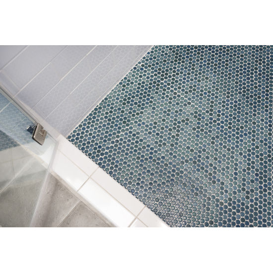 Bedrosians - 360 3/4&quot; Penny Round Gloss Mosaic - Lagoon Shower Floor
