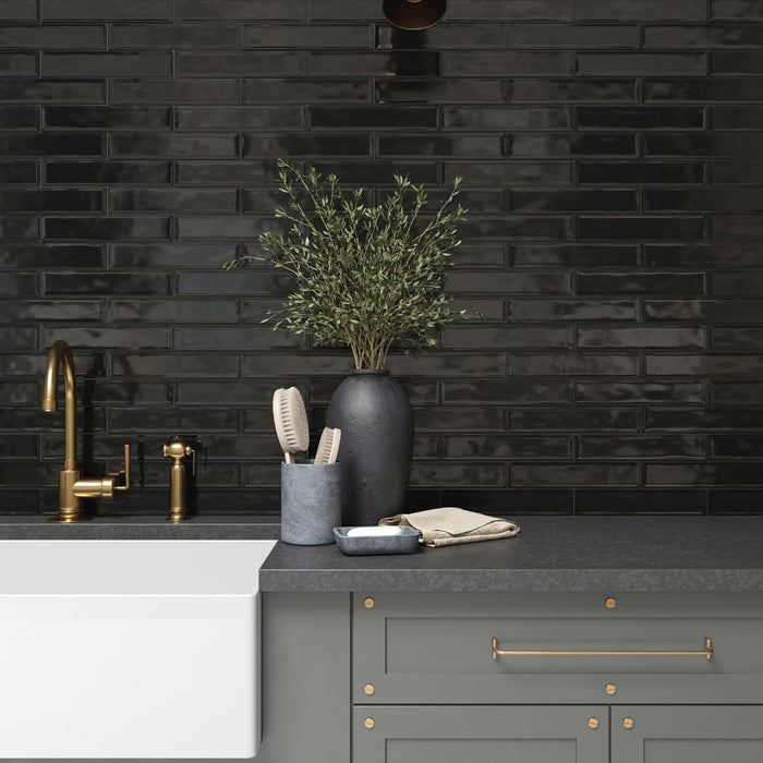 Bedrosians Tile & Stone - Clara 2.75" x 11" Glossy Porcelain Tile - Noir Installed