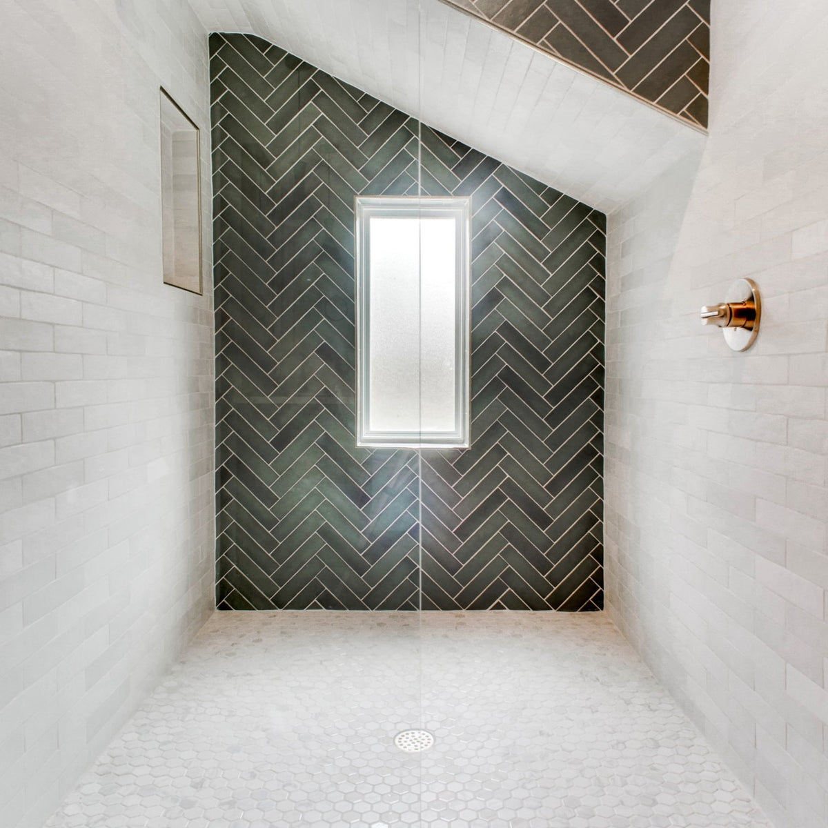Bedrosians - White Carrara Floor &amp; Wall Mosaic - Hexagon Polished Room Scene