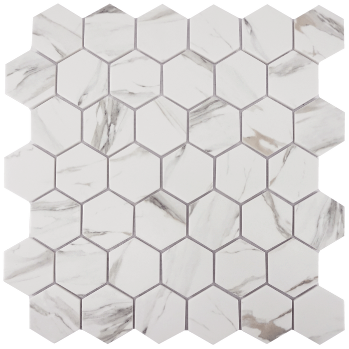 Tesoro - Native Series - Matte Glass Mosaic - Calacatta 2" Hex