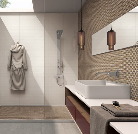 Maniscalco - Chameleon Series - 1" x 1" Porcelain Hex Mosaic - Rustic Sunset wall and floor installation