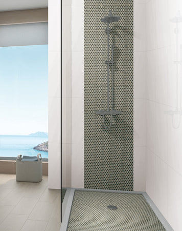 Maniscalco - Chameleon Series - 1" x 1" Porcelain Hex Mosaic - Sage Green floor and wall installation