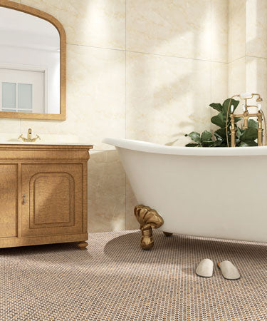 Maniscalco - Chameleon Series - 1" x 1" Porcelain Penny Round Mosaic - Rustic Sunset floor installation