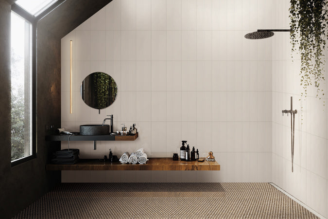 Maniscalco - Chameleon Series - 1" x 1" Porcelain Penny Round Mosaic - Rustic Sunset floor installation