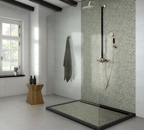 Maniscalco - Chameleon Series - 1&quot; x 1&quot; Porcelain Penny Round Mosaic - Sage Green shower installation