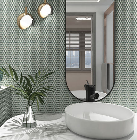 Maniscalco - Chameleon Series - 1&quot; x 1&quot; Porcelain Penny Round Mosaic - Tropical Lush wall installation