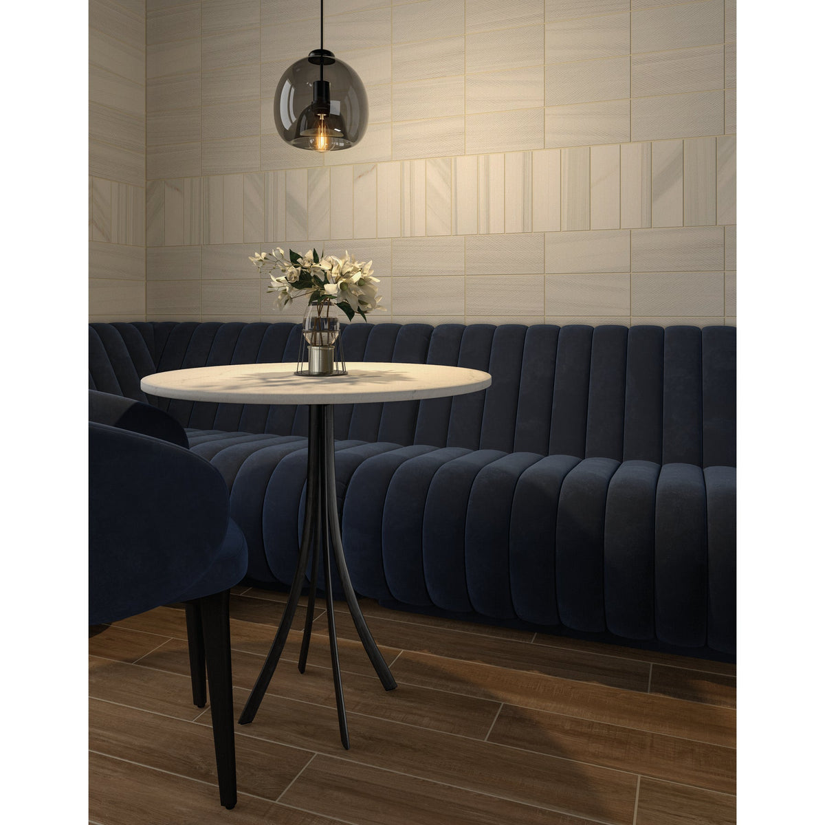 Daltile - Pietra Divina 6 in. x 12 in. Bamboo Mosaic - Calacatta Dolomiti Honed Room Scene