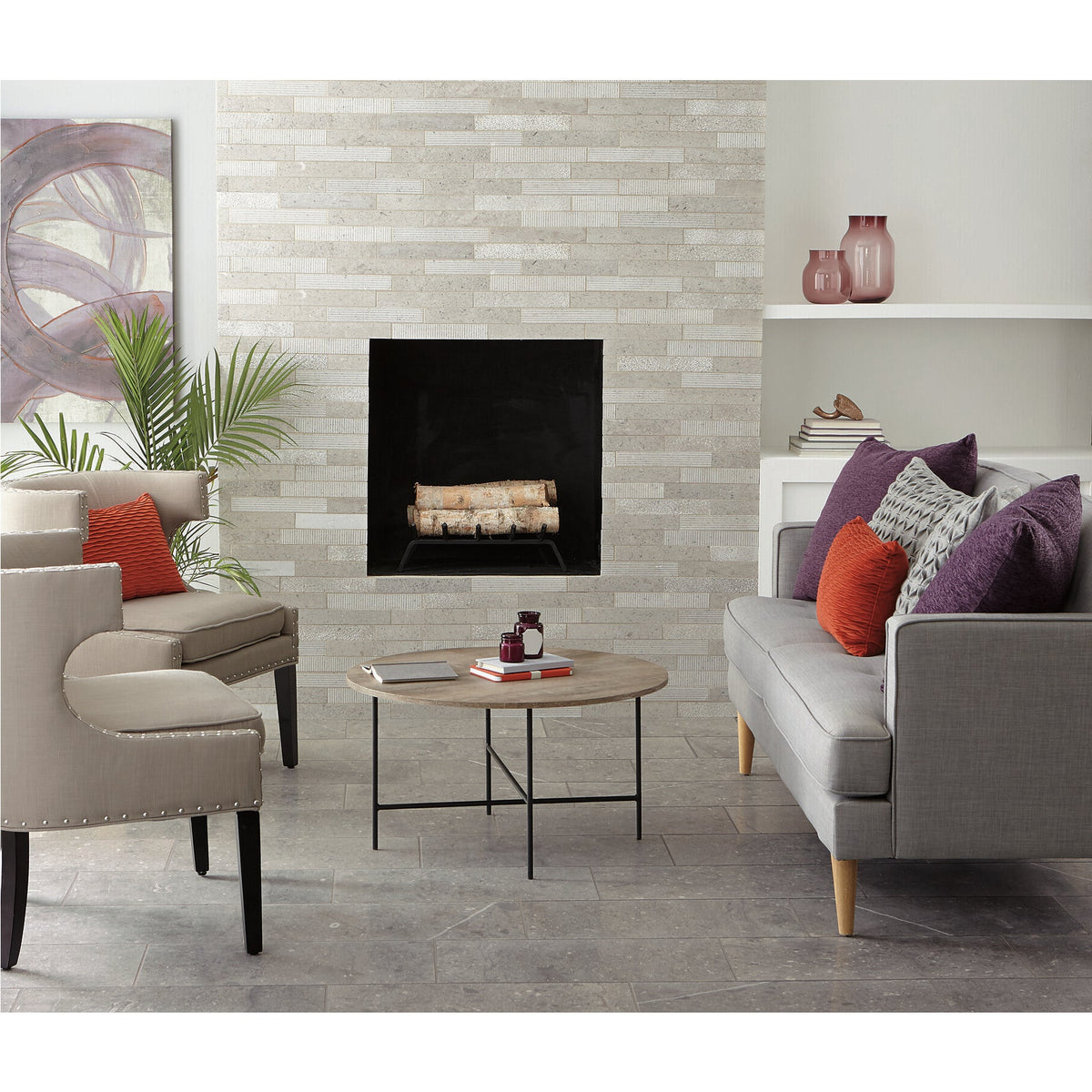 Daltile - Center City - 6 in. x 24 in. Linear Mosaic - Delancey Grey Fireplace Install