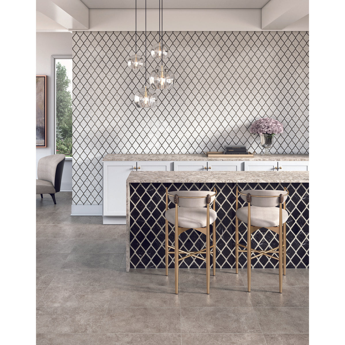 Daltile - Lavaliere Chain Link Mosaic - LV22 Nero Marquina Antique Mirror Installed