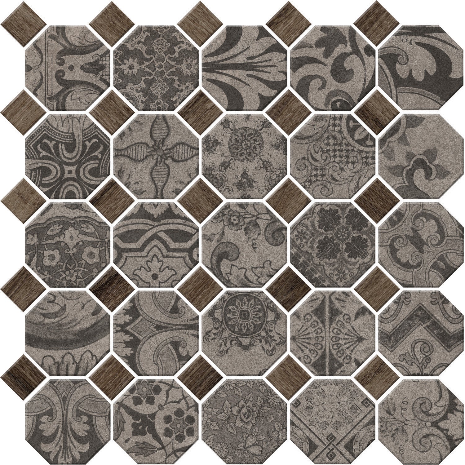 Daltile - Rhetoric - 2 in. Octagon Ceramic Mosaic - Composition Grey Mix