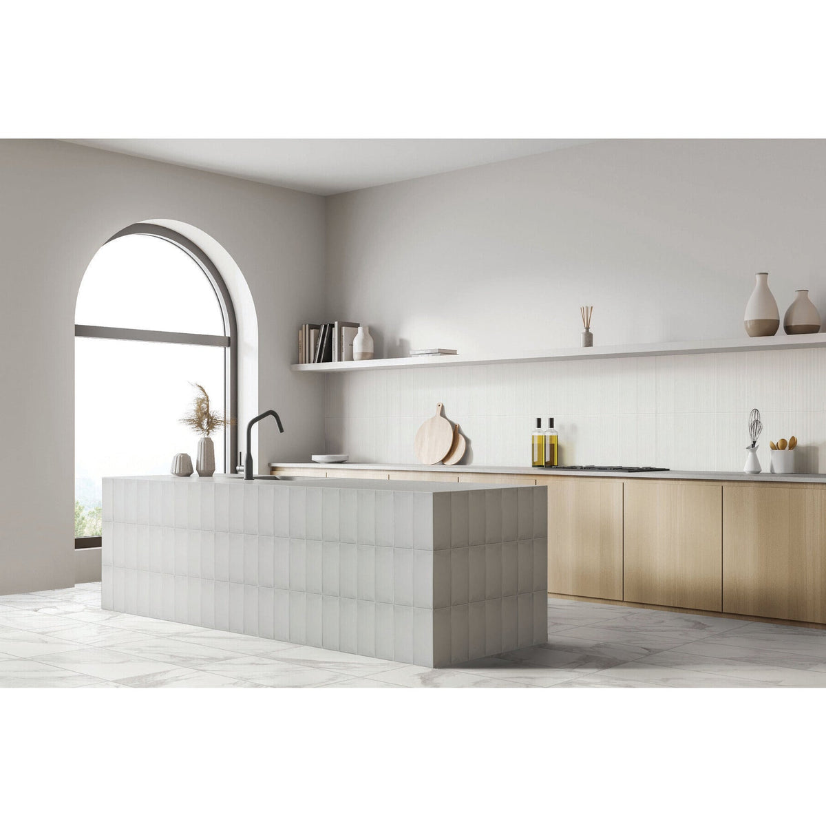 Daltile - Stencil 4 in. x 12 in. Ceramic Wall Tile - Half Moon Matte - Grey Installed