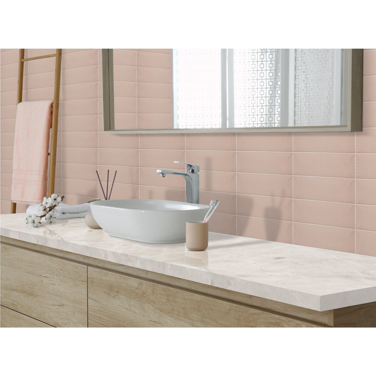 Daltile - Stencil 4 in. x 12 in. Ceramic Wall Tile - Half Moon Matte - Blush Wall Install