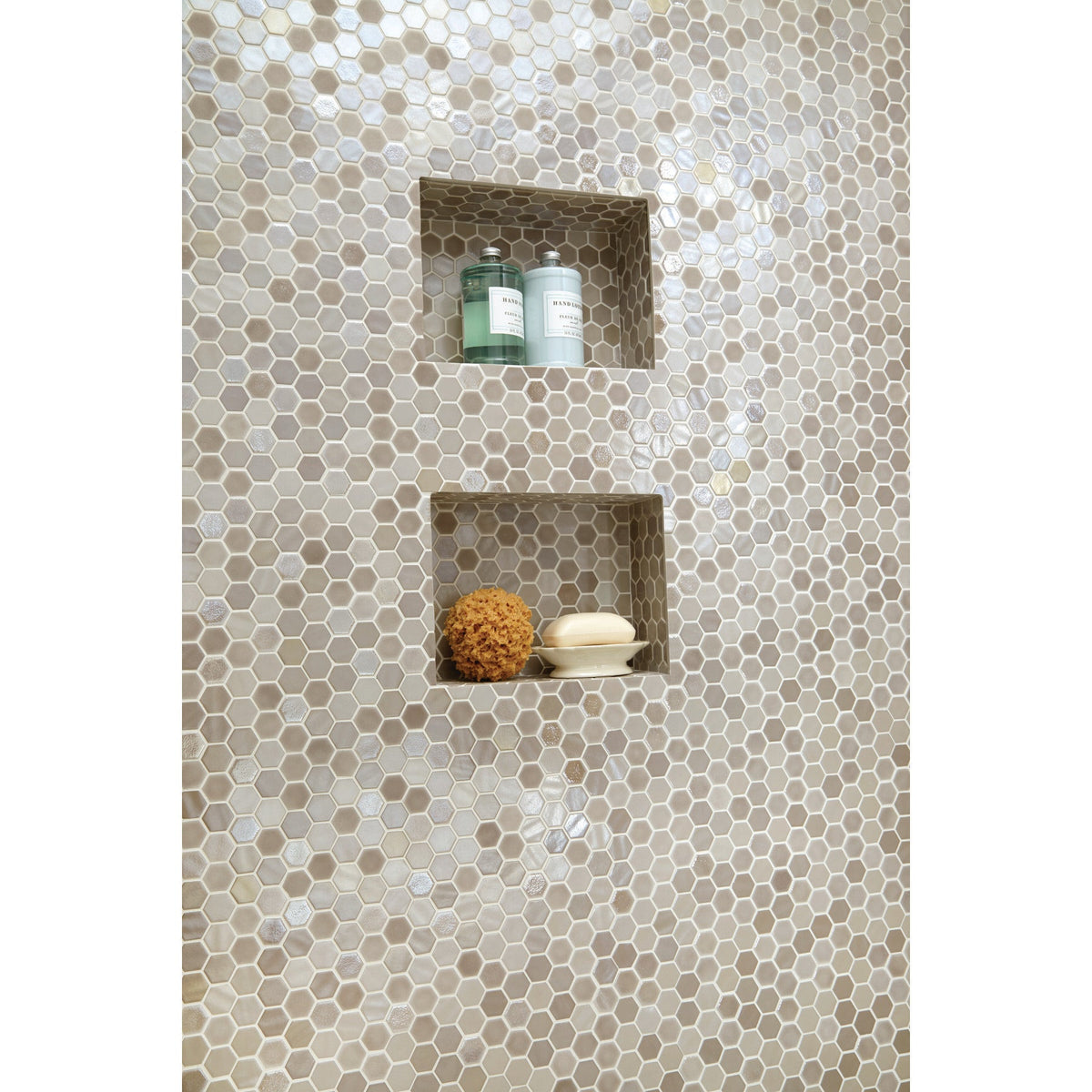 Daltile Uptown Glass 1 in. x 1 in. Hex Glass Mosaic - Matte Frost Moka Installed