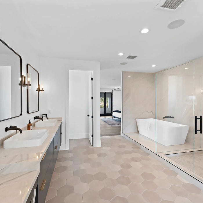 Bedrosians - Magnifica The Thirties - 30" x 30" Glazed Porcelain Tile - Luxe White Polished Bathroom Install