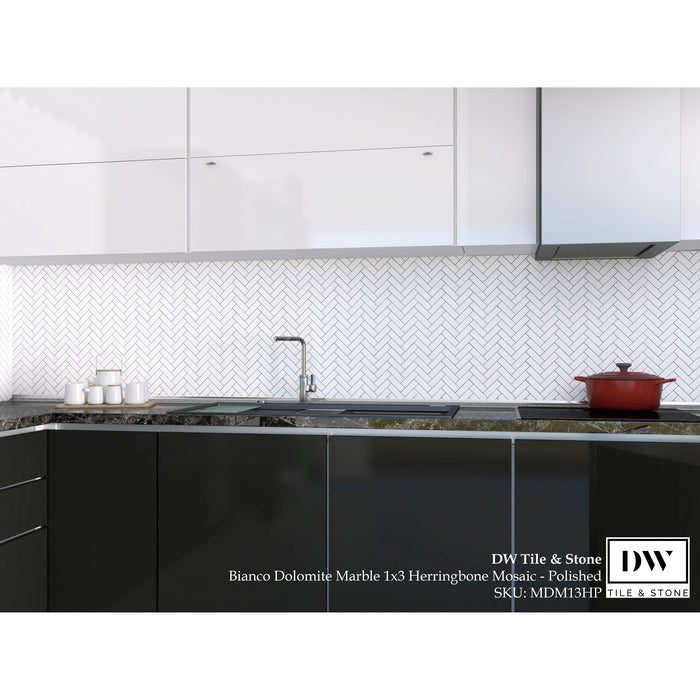 DW Tile & Stone - 1" x 3" Herringbone Mosaic - Polished Dolomite Marble Installed
