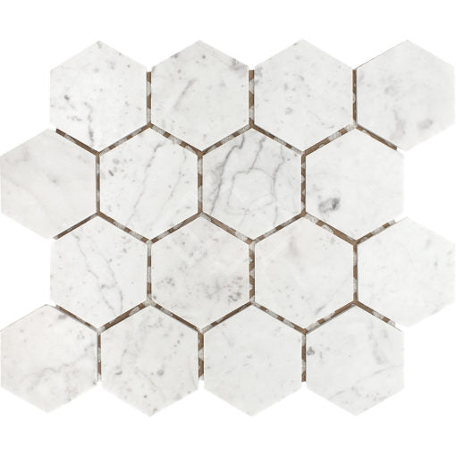 Enzo Tile - Carrara White Marble Mosaic Tile - Honed 3" Hex