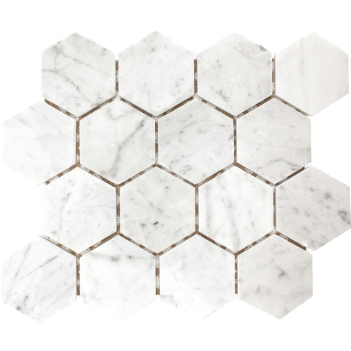 Enzo Tile - Carrara White Marble Mosaic Tile - Polished 3" Hex