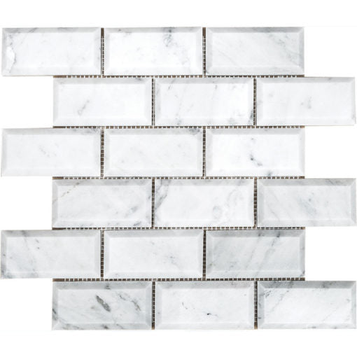 Enzo Tile - Carrara White Marble Mosaic Tile - 2&quot; x 4&quot; Beveled Brick