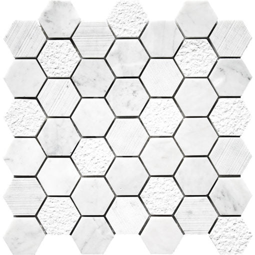 Enzo Tile - Carrara White Marble Mosaic Tile - Textured 2" Hex