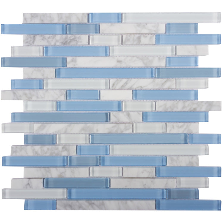 Elysium - Linear Carrara Blue 11.75 in. x 12 in. Glass and Marble Mosaic