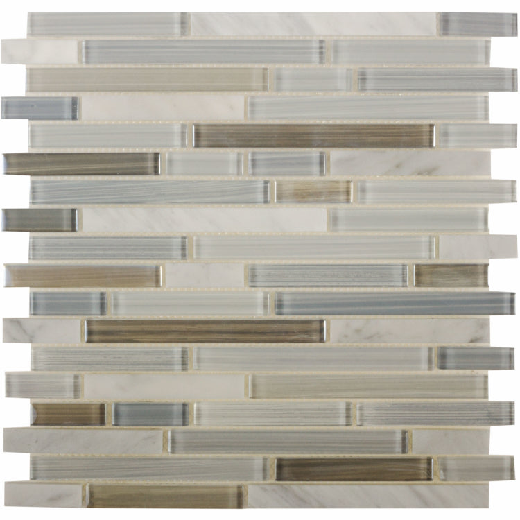 Elysium - Linear Carrara Goose 11.75 in. x 12 in. Glass and Marble Mosaic