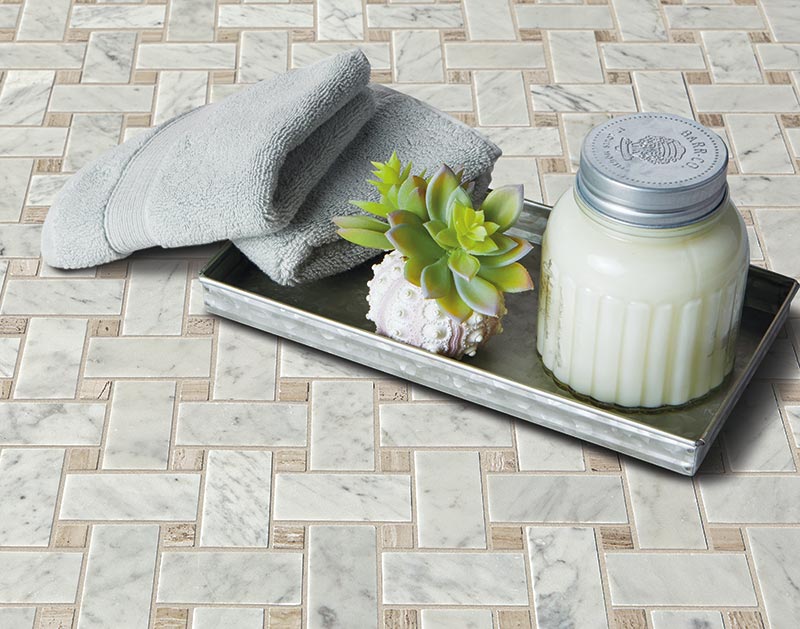 Maniscalco - Daintree Exotic Mosaics Series - Marble Herringbone Mosaic - Bianco Carrara and Graystone floor installation
