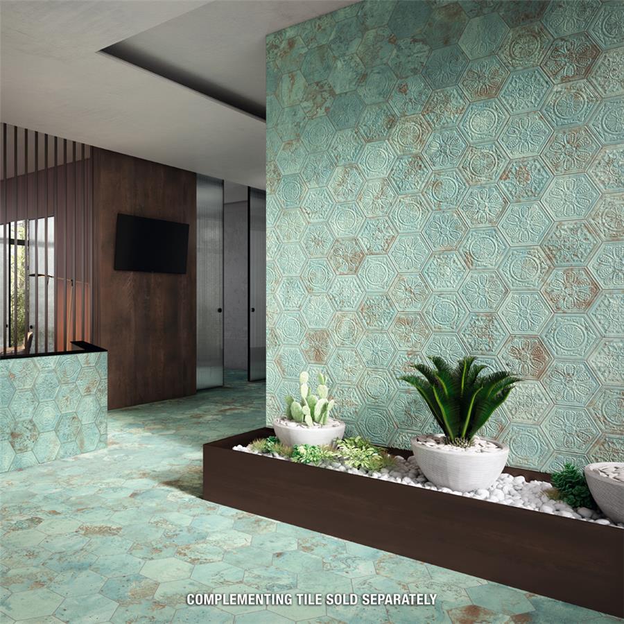 SomerTile - Zinc Hex Porcelain Tile - Green Wall Install
