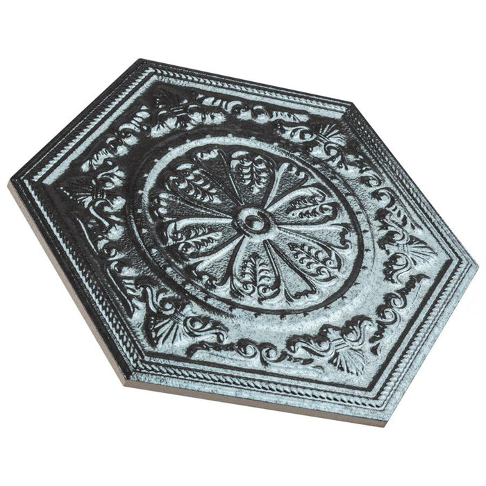 SomerTile - Zinc Hex Porcelain Tile - Silver Decor Angled View
