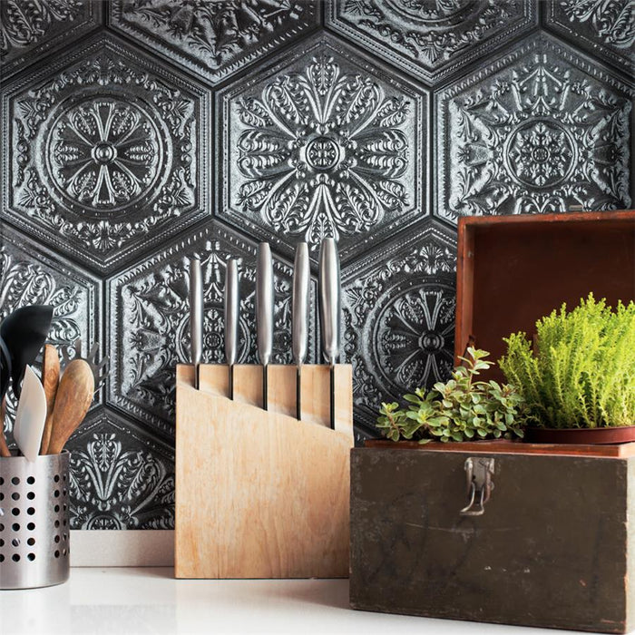 SomerTile - Zinc Hex Porcelain Tile - Silver Decor Installed