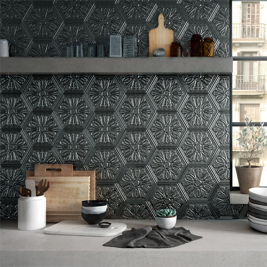 SomerTile - Zinc Hex Porcelain Tile - Silver Decor Room Scene