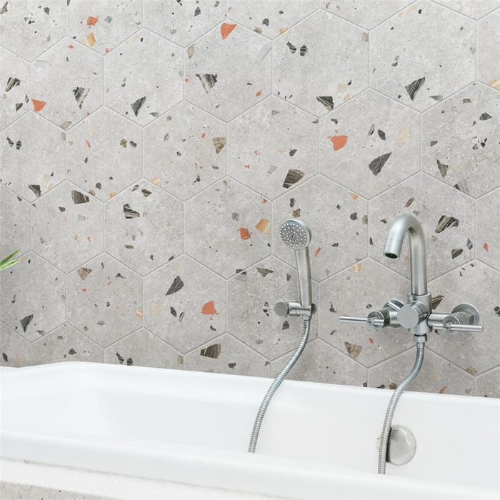SomerTile - Sonar Hex Terrazzo Porcelain Tile - Silver Wall Install