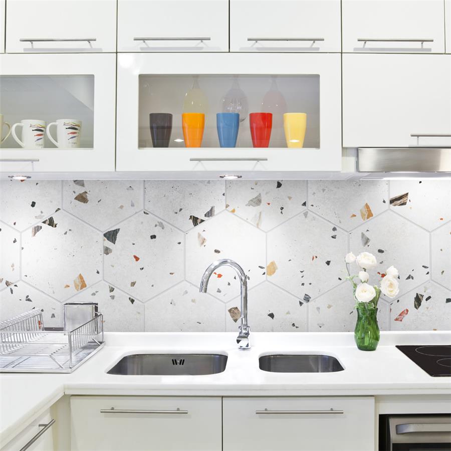 SomerTile - Sonar Hex Terrazzo Porcelain Tile - White Room Scene