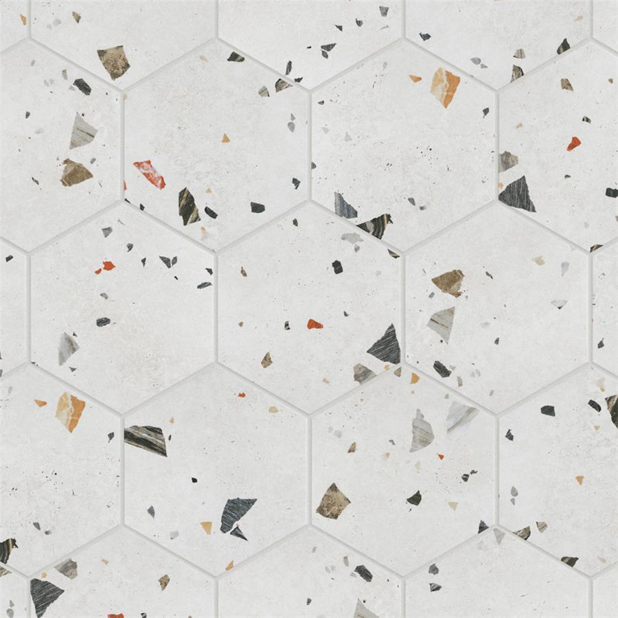 SomerTile - Sonar Hex Terrazzo Porcelain Tile - White w/ White Grout