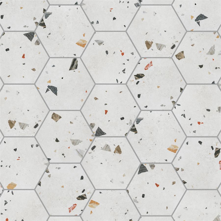 SomerTile - Sonar Hex Terrazzo Porcelain Tile - White w/ Dark Grout