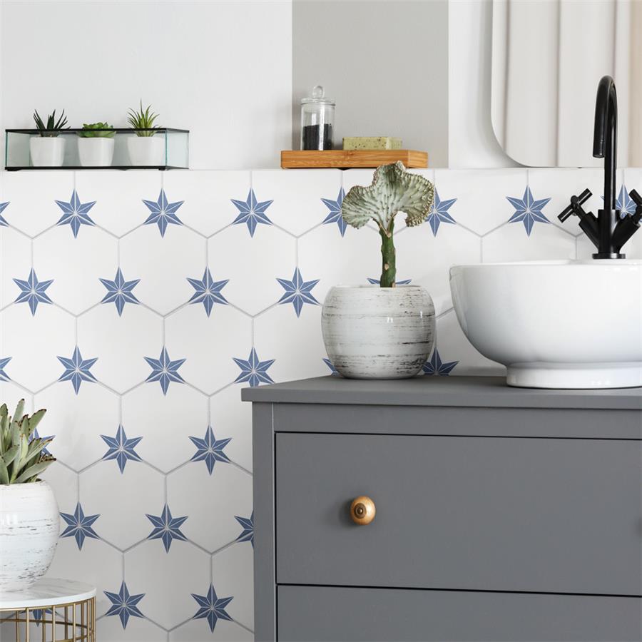 SomerTile - Stella Hex Porcelain Tile - Azul Wall Install