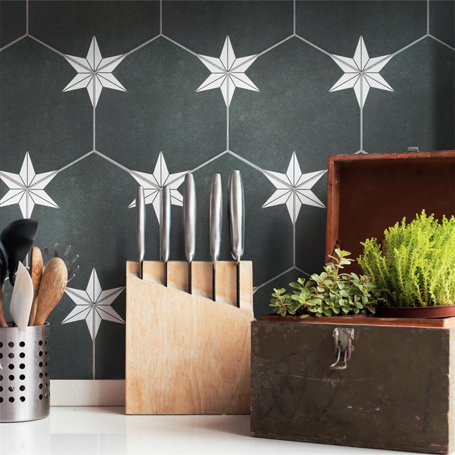 SomerTile - Stella Hex Porcelain Tile - Night Wall Install