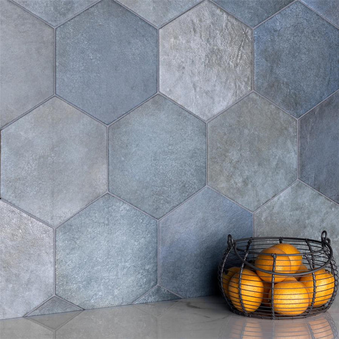 SomerTile - Heritage Hex 7"x 8" Porcelain Tile - Indigo Wall Install