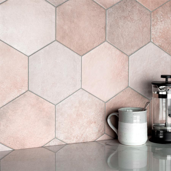 SomerTile - Heritage Hex 7"x 8" Porcelain Tile - Rose Wall Install