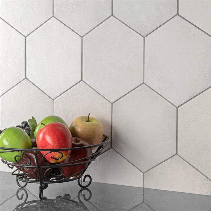 SomerTile - Heritage Hex 7"x 8" Porcelain Tile - Snow Wall Install