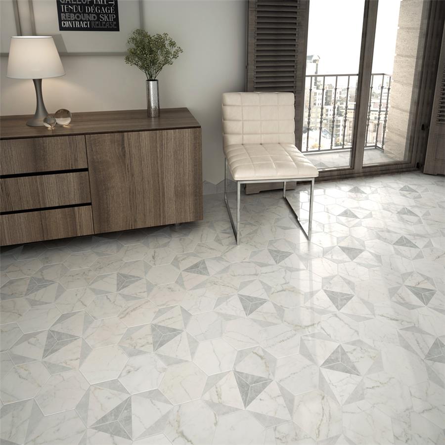 SomerTile - Classico Carrara Hexagon Peak 7&quot;x 8&quot; Porcelain Tile Floor Install