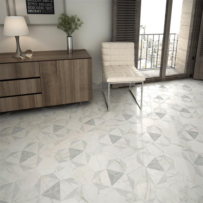 SomerTile - Classico Carrara Hexagon Peak 7"x 8" Porcelain Tile Floor Install